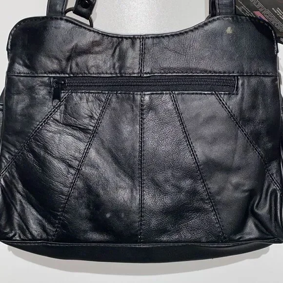 Embassy Women's Black Genuine Leather Top Zip Double Strap Shoulder Bag OS NWT